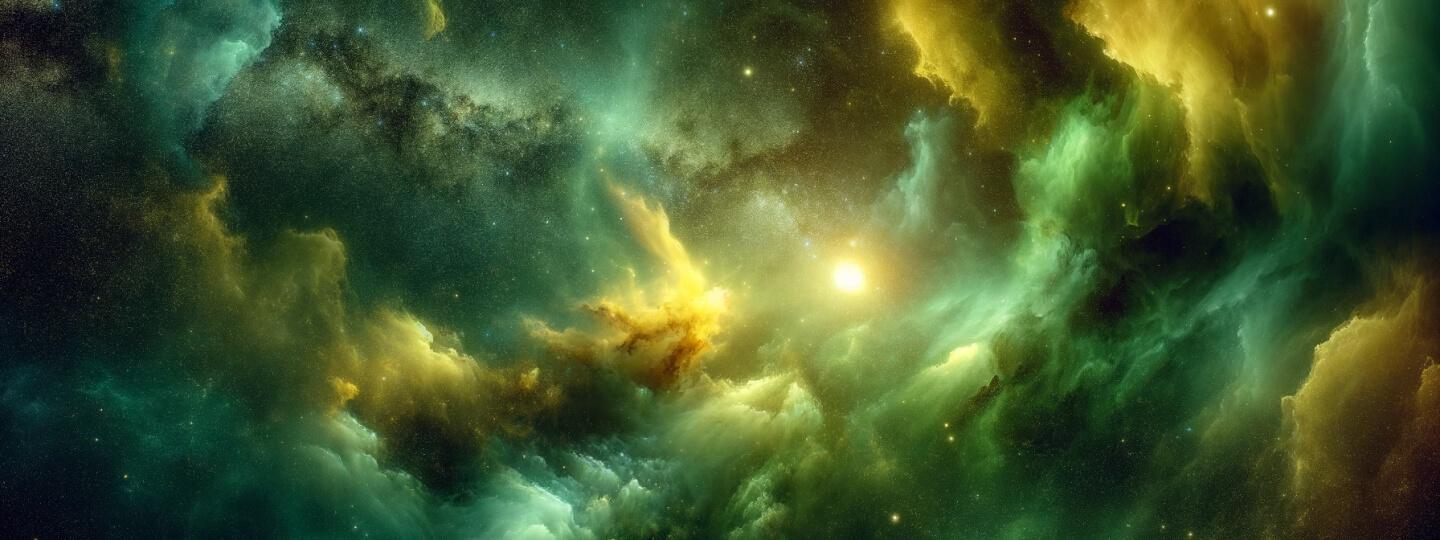 Breathtaking deep space view of stars and other objects, dominating green and yellow colors. 