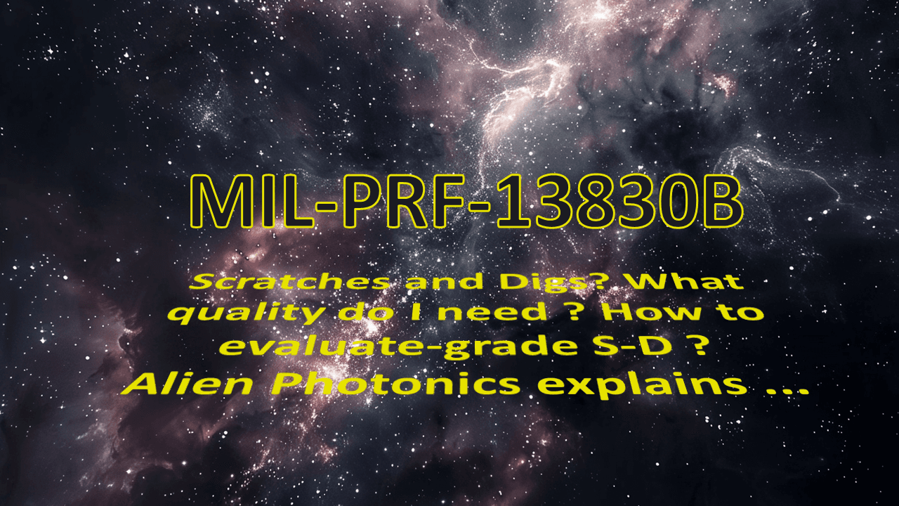 Questions about scratch and dig specification according to MIL-PRF-13830B standard. Text in deep-space cosmos background.