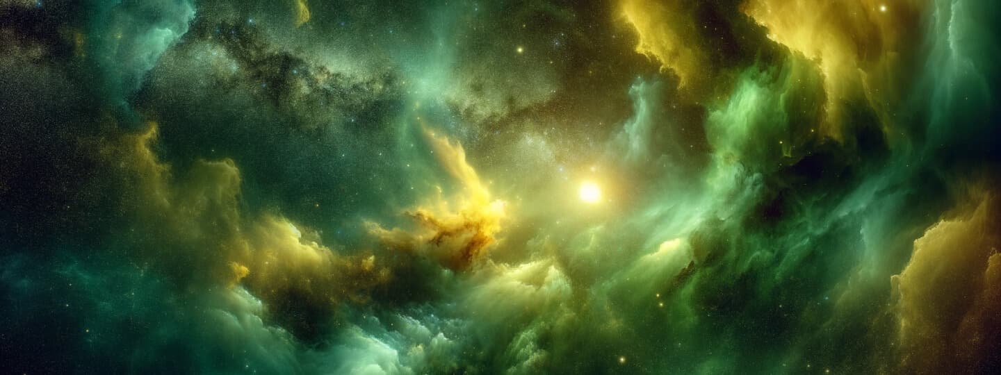 Deep space view Breathtaking deep space view of stars and other objects, dominating green and yellow colors.