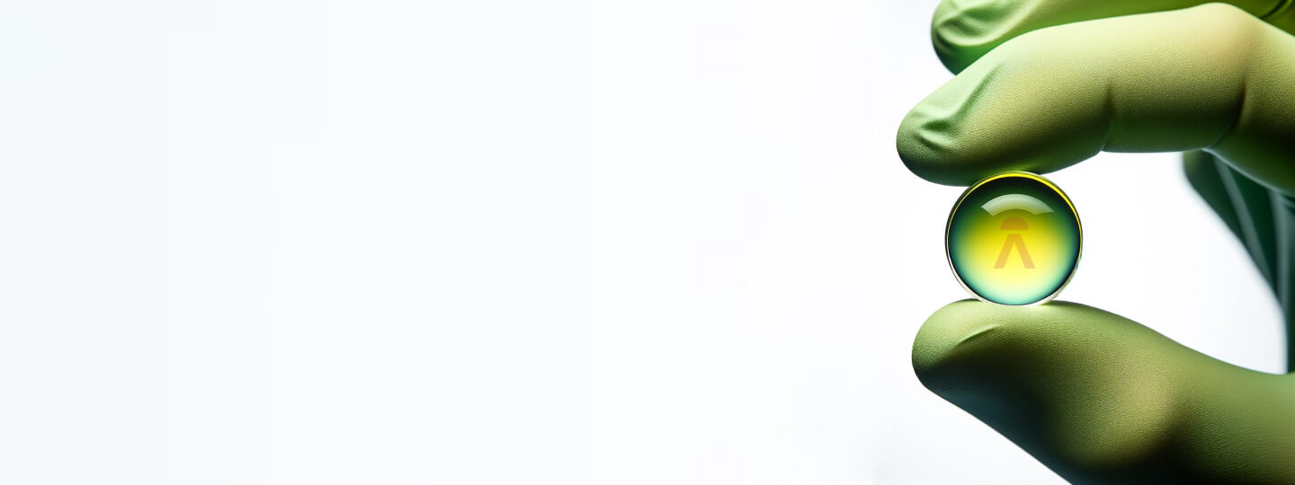 Quality assurance Hand of laser scientist, wearing green gloves, holding high quality optical component, conducting quality for inspection.