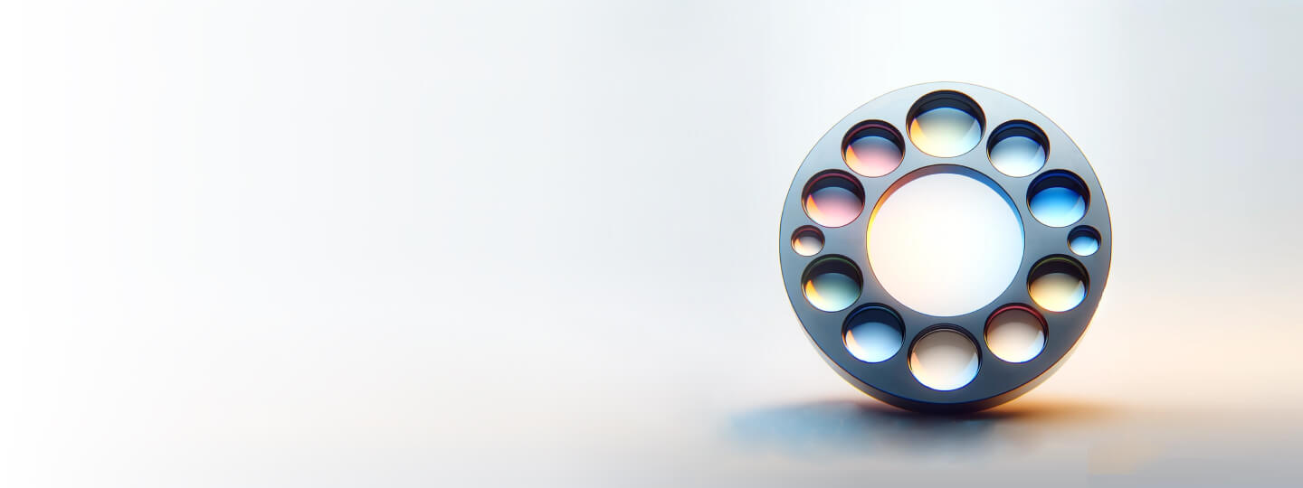 Optical coating holder Thin film coating holder, containing various size optics coated with various different coatings in laboratory environment.