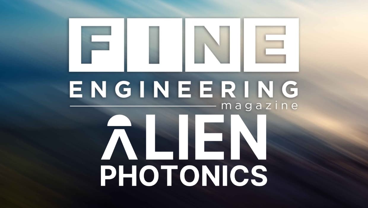 FineEngineering logo and Alien Photonics logo in white; FineEngineering background
